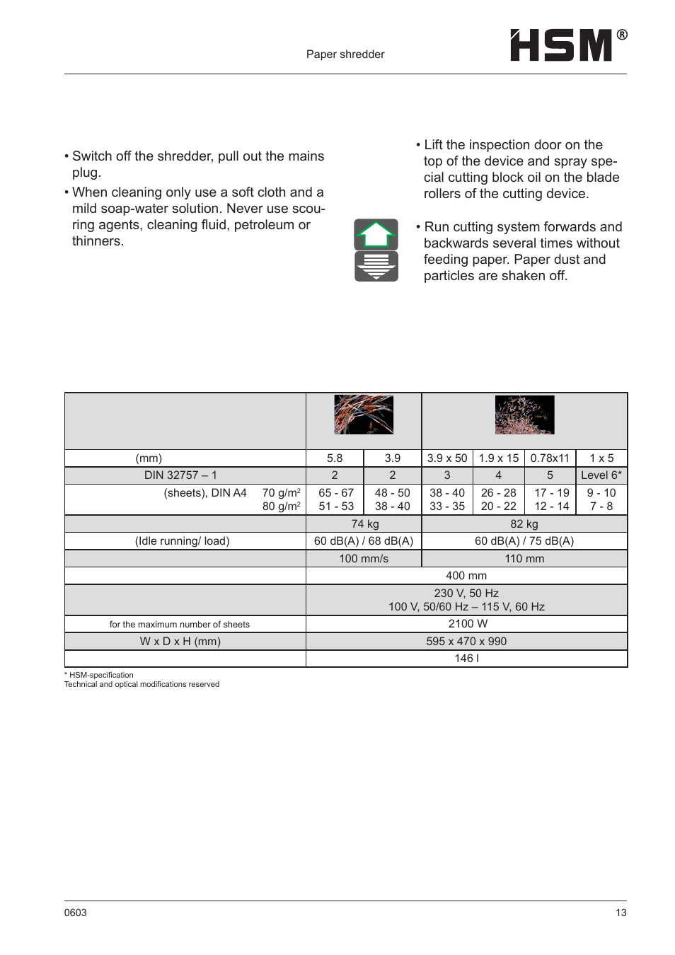 Maintenance and care, Technical data, Cleaning | HSM 411.2 User Manual | Page 13 / 63