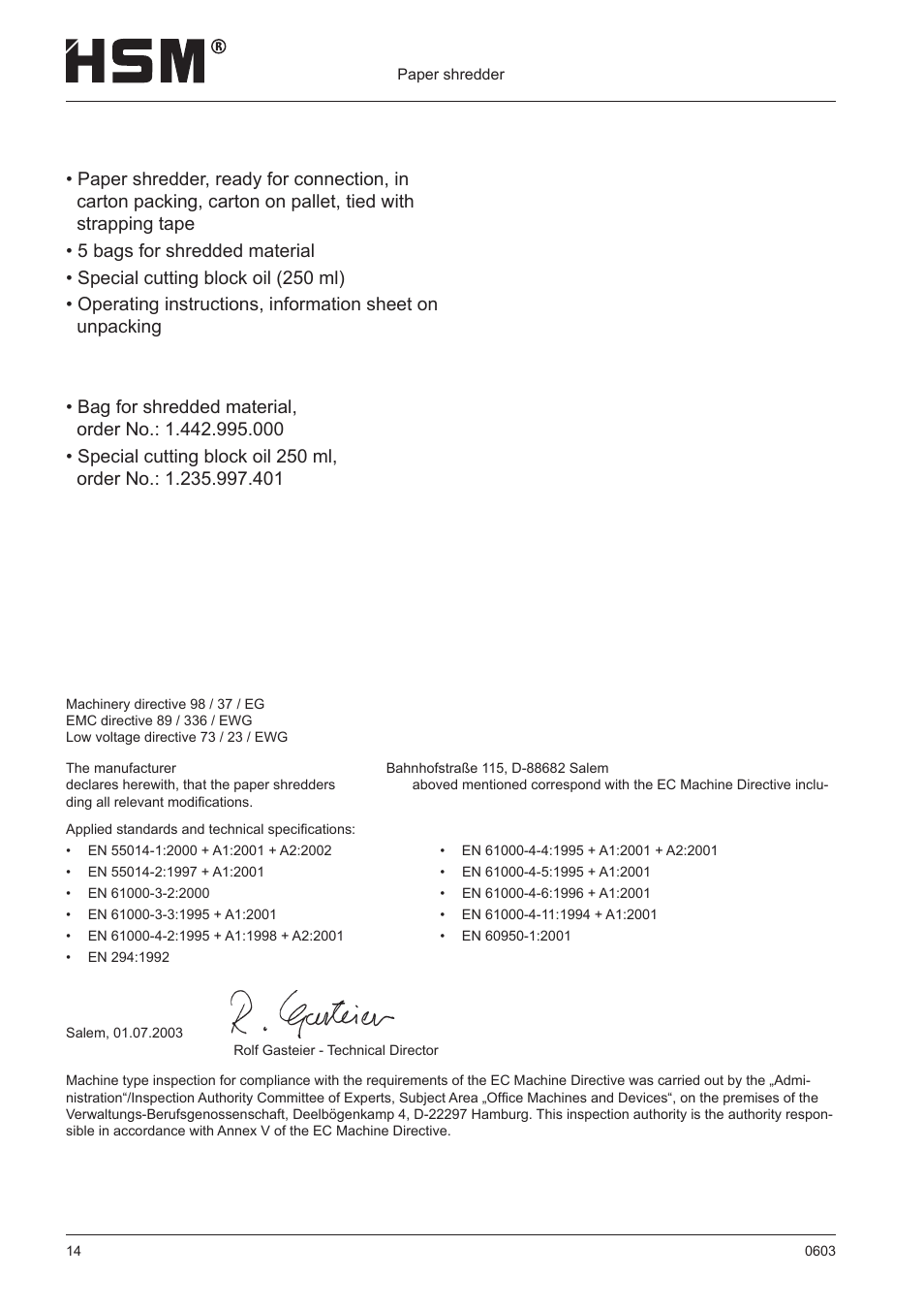 Declaration of conformity, Scope of delivery | HSM 411.2 User Manual | Page 14 / 63