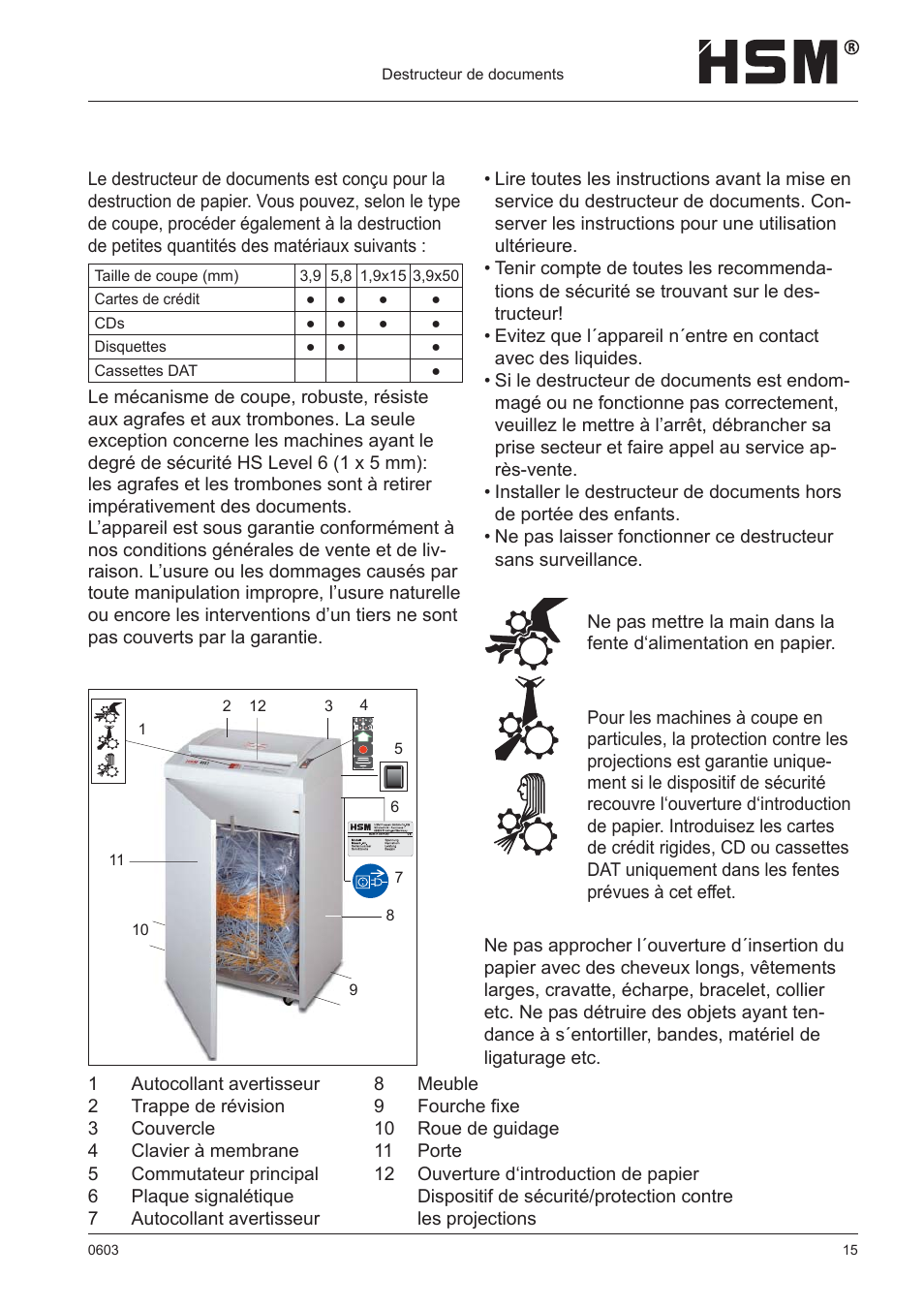 Recommandations de sécurité, Utilisation conforme, garantie, Vue générale | HSM 411.2 User Manual | Page 15 / 63