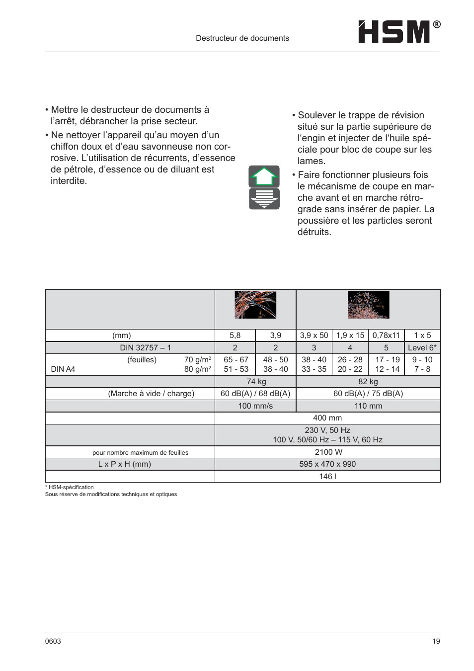 Maintenance et entretien, Caractéristiques techniques, Nettoyage | HSM 411.2 User Manual | Page 19 / 63