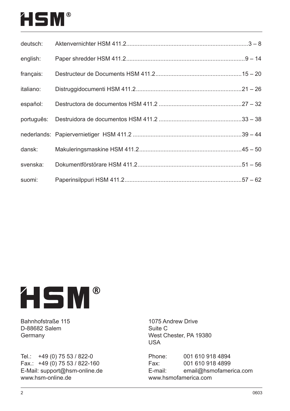 HSM 411.2 User Manual | Page 2 / 63