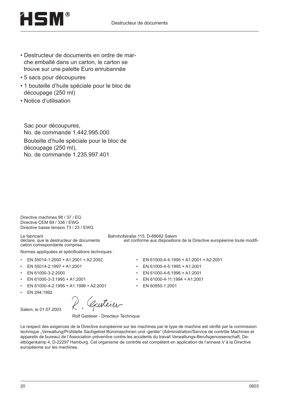 Déclaration de conformité ce, Ampleur de la livraison | HSM 411.2 User Manual | Page 20 / 63