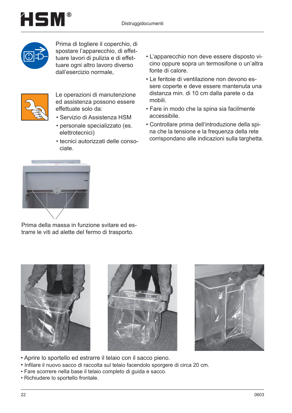 Installazione, Sostituire il sacco di raccolta | HSM 411.2 User Manual | Page 22 / 63