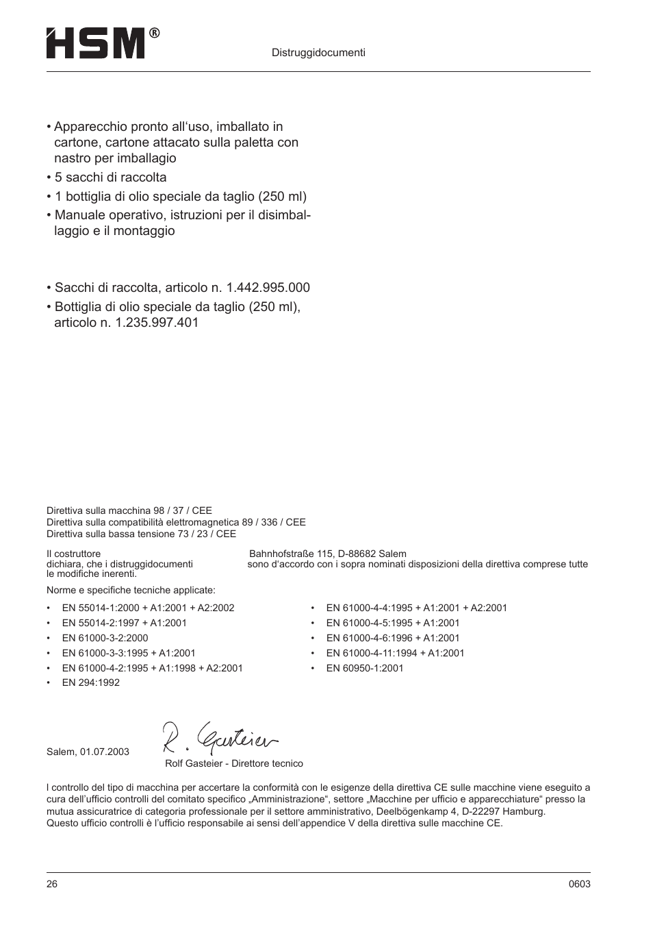 Dichiarazione di conformità cee, Fornitura | HSM 411.2 User Manual | Page 26 / 63
