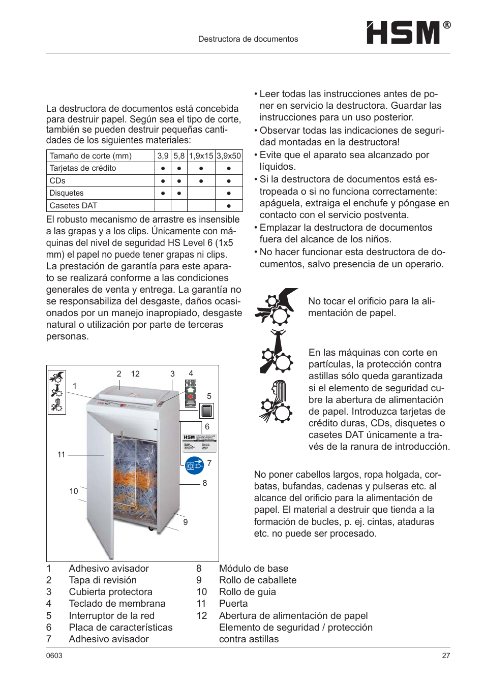 Indicaciones de seguridad, Uso conforme al previsto, garantía, Vista general | HSM 411.2 User Manual | Page 27 / 63