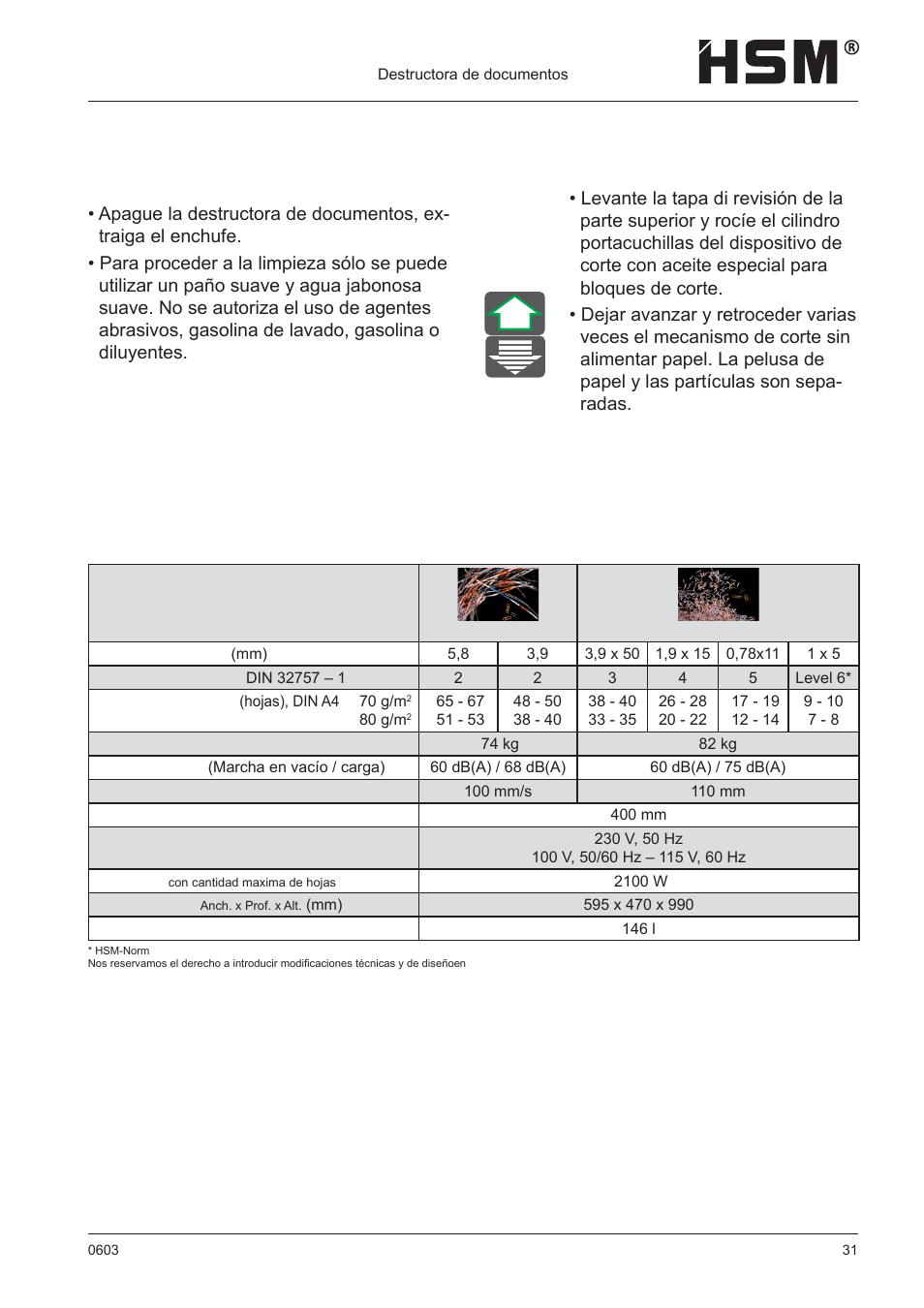 Mantenimiento y cuidado, Datos técnicos, Limpieza | HSM 411.2 User Manual | Page 31 / 63