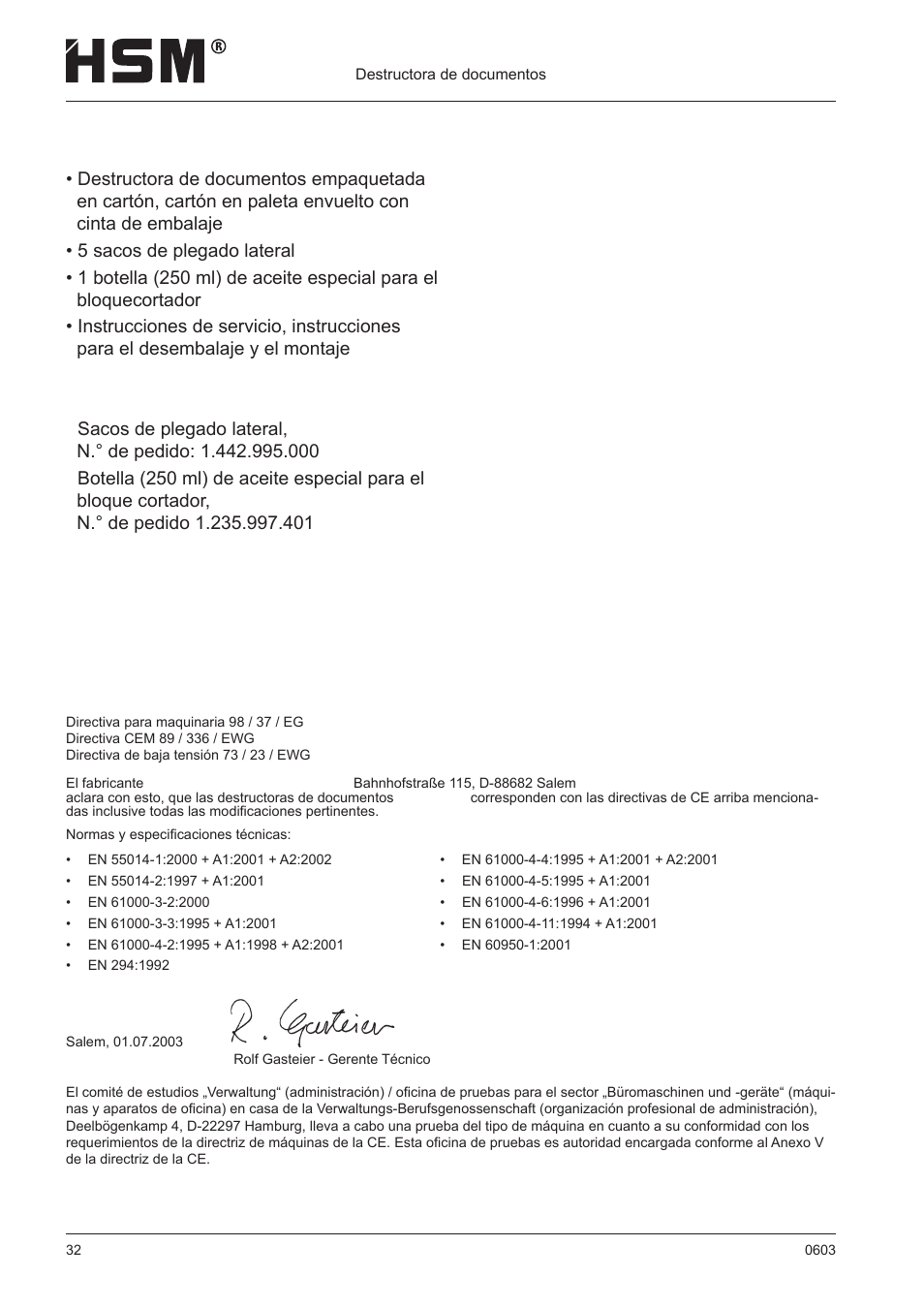 Declaración de conformidad de la ce, Volumen de suministro | HSM 411.2 User Manual | Page 32 / 63