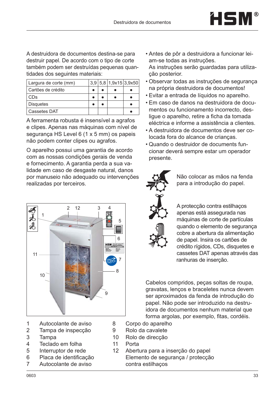 Instruções de segurança, Utilização adequada, garantia, Vista geral | HSM 411.2 User Manual | Page 33 / 63