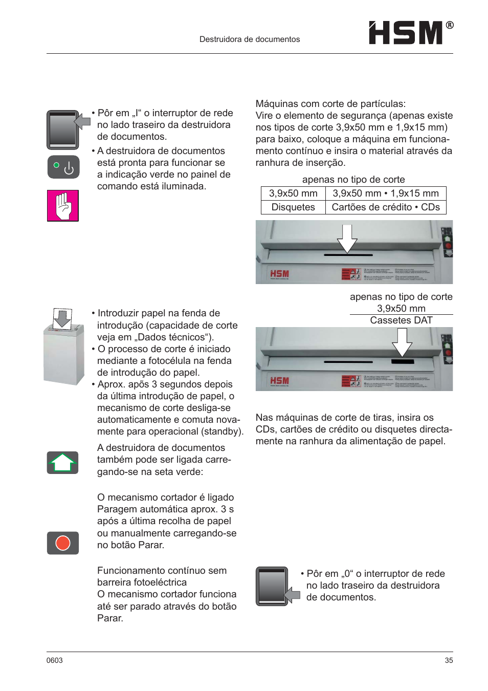 Pôr em funcionamento | HSM 411.2 User Manual | Page 35 / 63