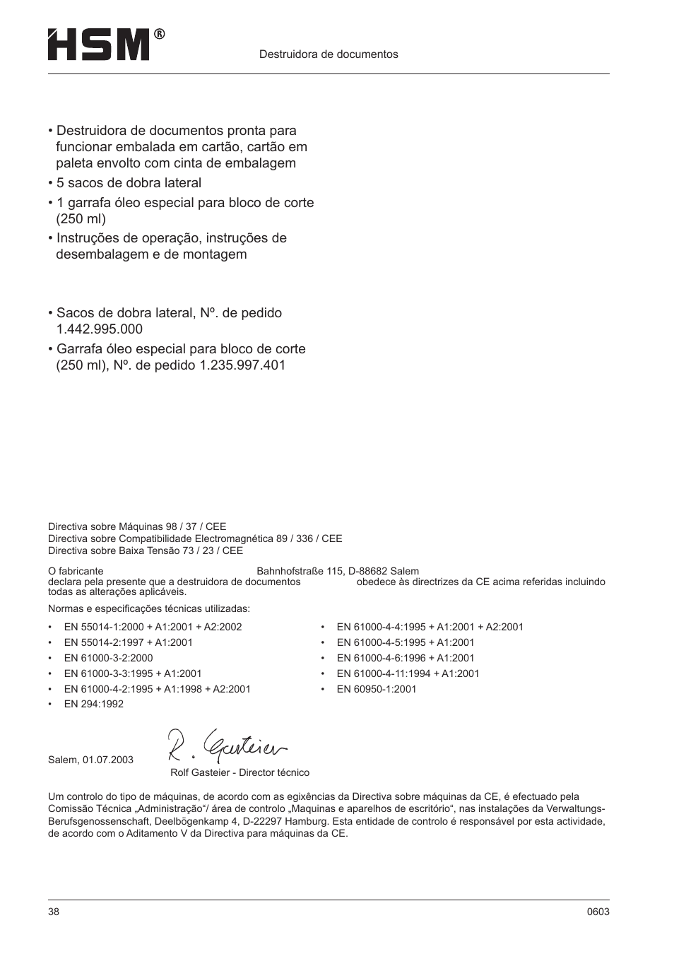 Declaração de conformidade ce, Volume do fornecimento | HSM 411.2 User Manual | Page 38 / 63