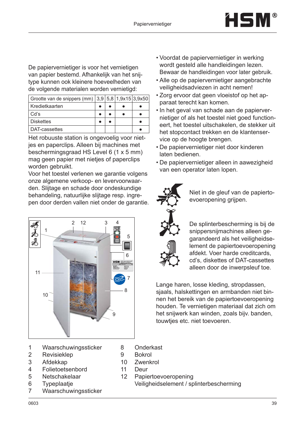 Veiligheidsadviezen, Gebruik volgens de be- stemming, garantie, Overzicht | HSM 411.2 User Manual | Page 39 / 63