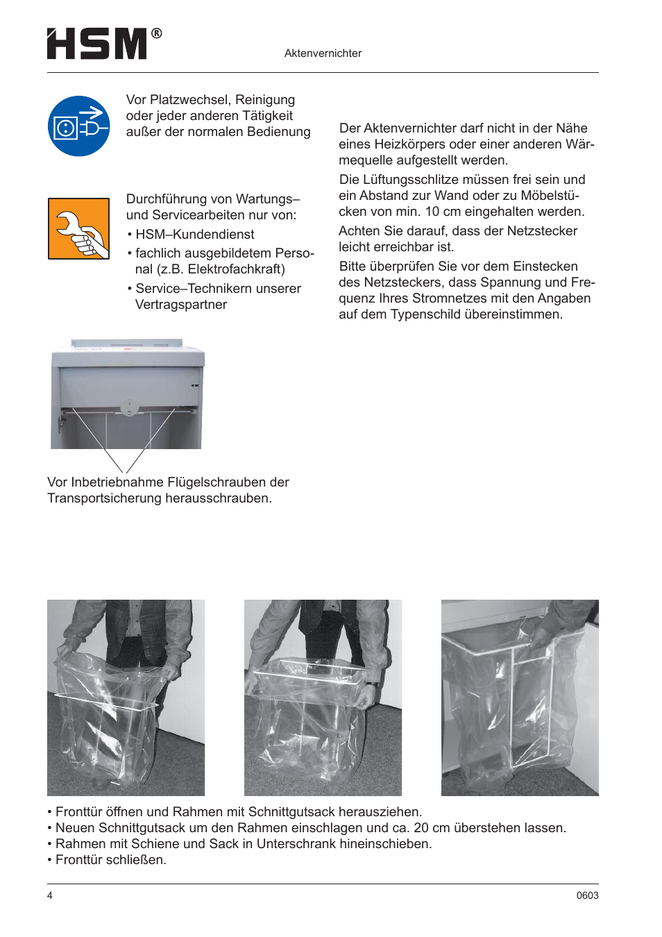 Aufstellung | HSM 411.2 User Manual | Page 4 / 63