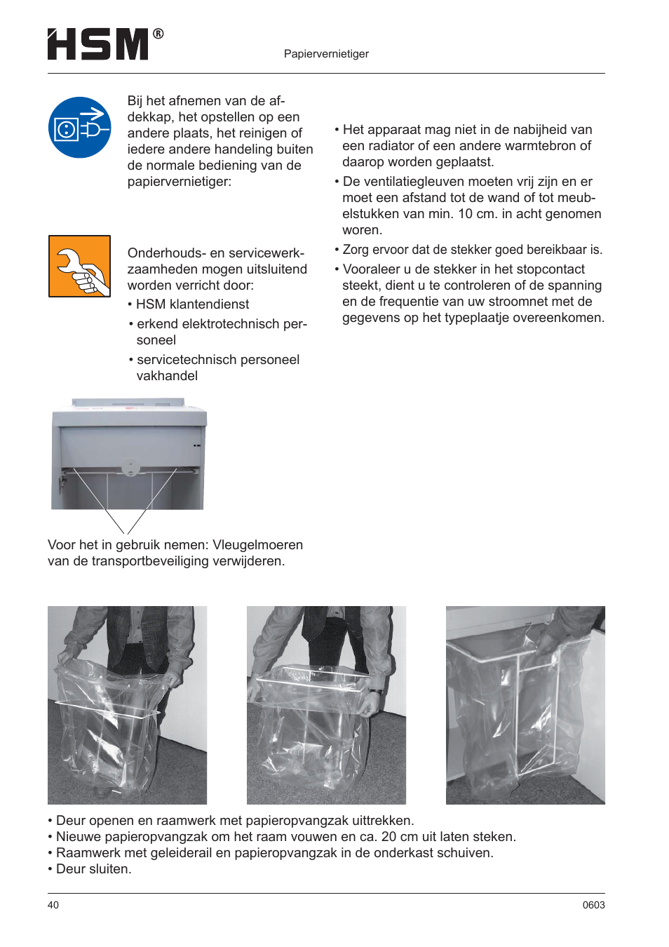 Opstelling, Papieropvangzak inzetten | HSM 411.2 User Manual | Page 40 / 63