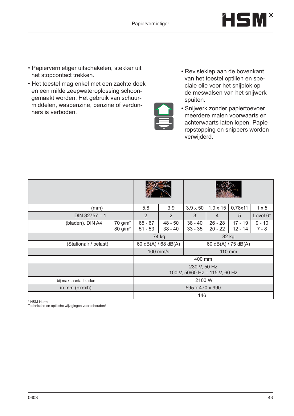 Onderhoud, Technische specifi caties, Reiniging | HSM 411.2 User Manual | Page 43 / 63