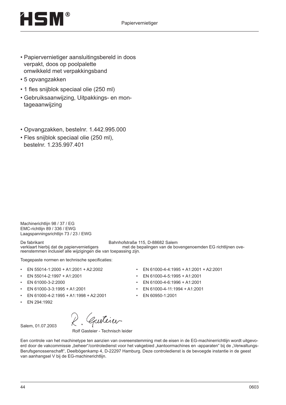 Eg-conformiteitsverklaring, Leveringsomvang | HSM 411.2 User Manual | Page 44 / 63