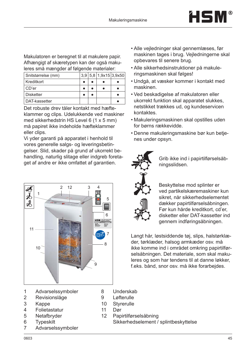 Sikkerhedsinstruktioner, Oversigt | HSM 411.2 User Manual | Page 45 / 63