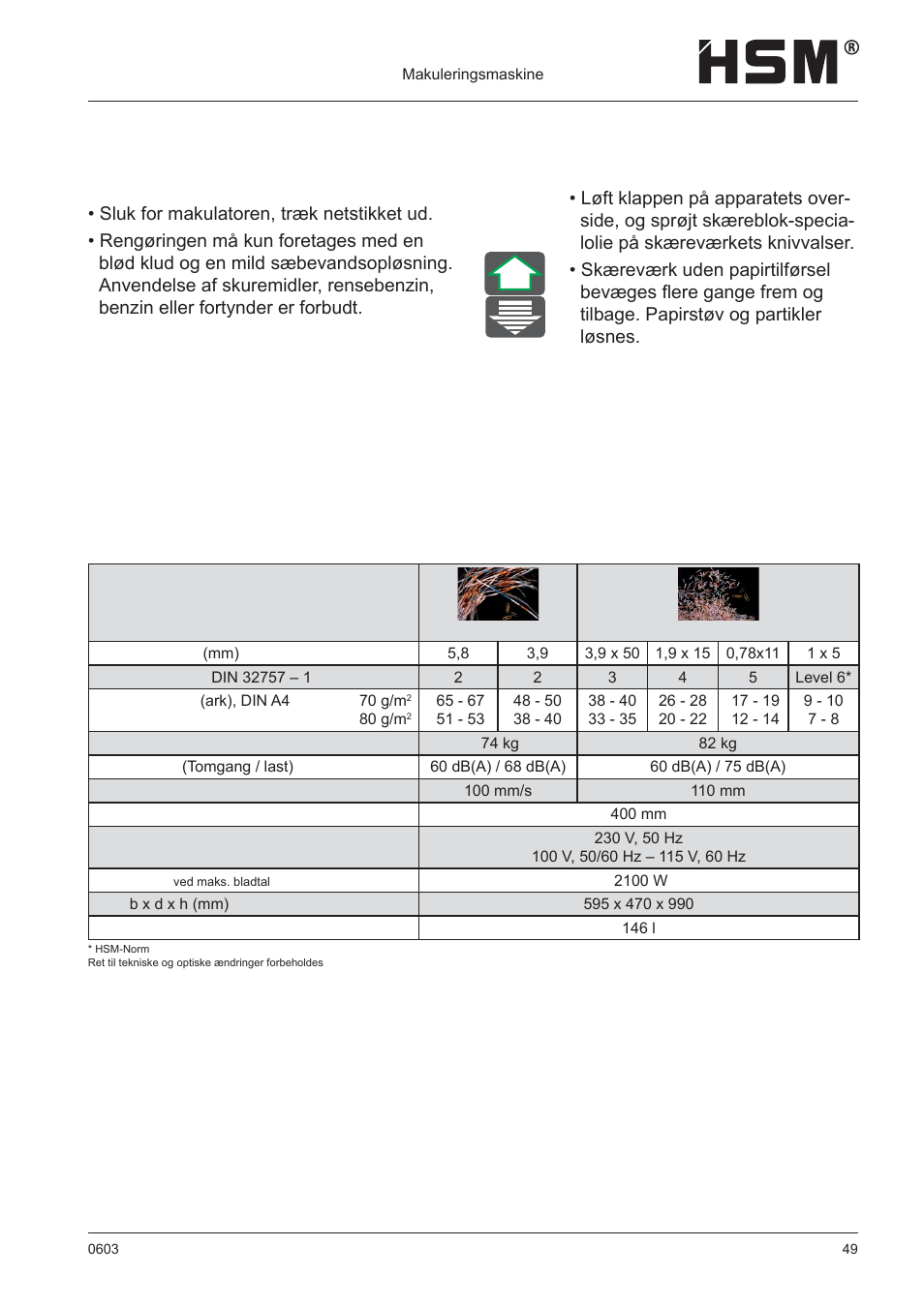 Vedligeholdelse og pleje, Tekniske data, Rengøring | Ved reduceret skærekapacitet eller støjudvikling | HSM 411.2 User Manual | Page 49 / 63