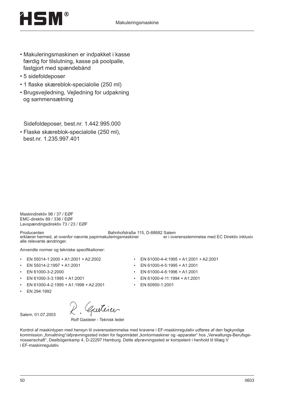 Ef-konformitetserklæring, Leverance | HSM 411.2 User Manual | Page 50 / 63