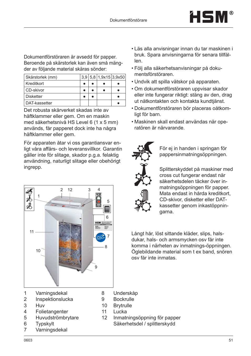 Säkerhetsanvisningar, Ändamålsenlig användning, garanti, Översikt | HSM 411.2 User Manual | Page 51 / 63