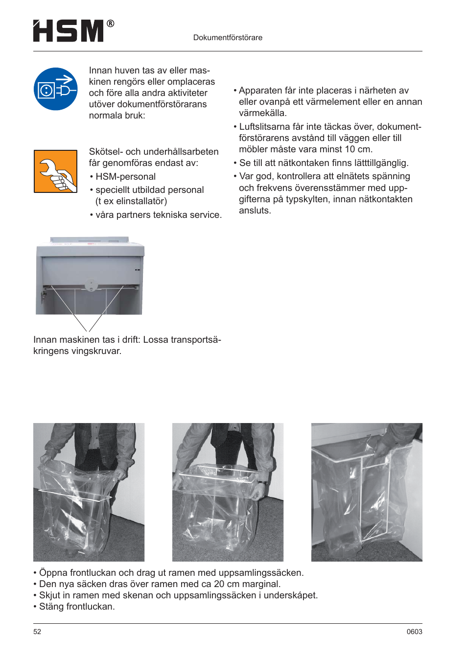 Uppställning | HSM 411.2 User Manual | Page 52 / 63