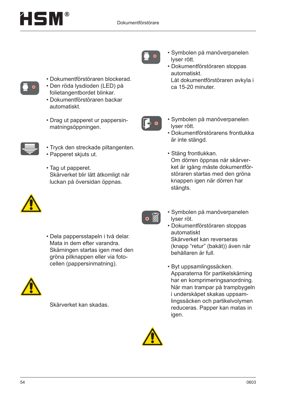 Störningsåtgärd | HSM 411.2 User Manual | Page 54 / 63