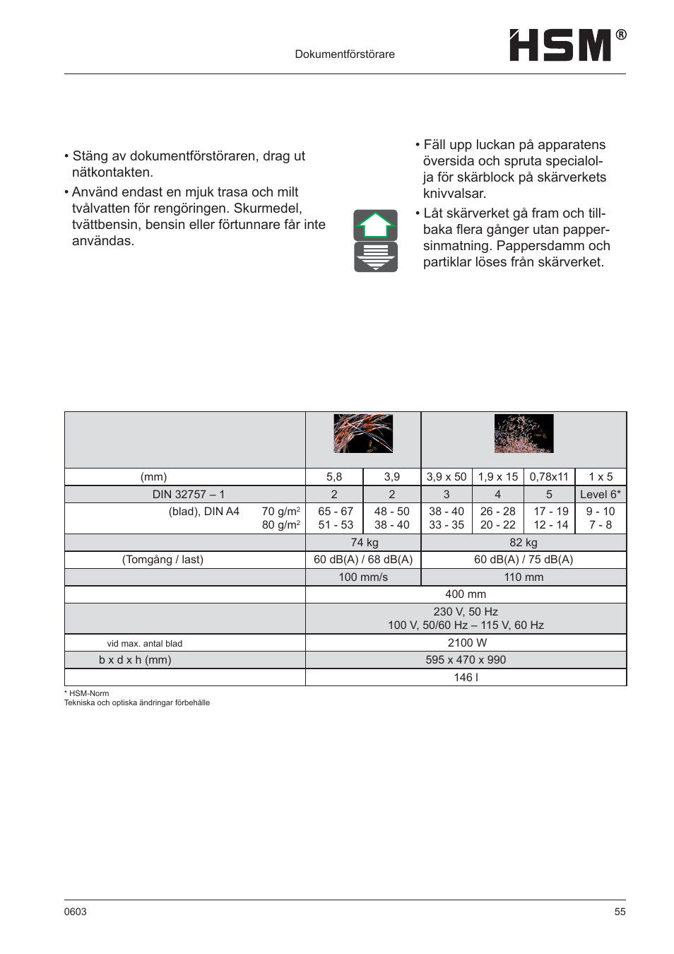 Underhåll och skötsel, Tekniska data, Rengöring | HSM 411.2 User Manual | Page 55 / 63