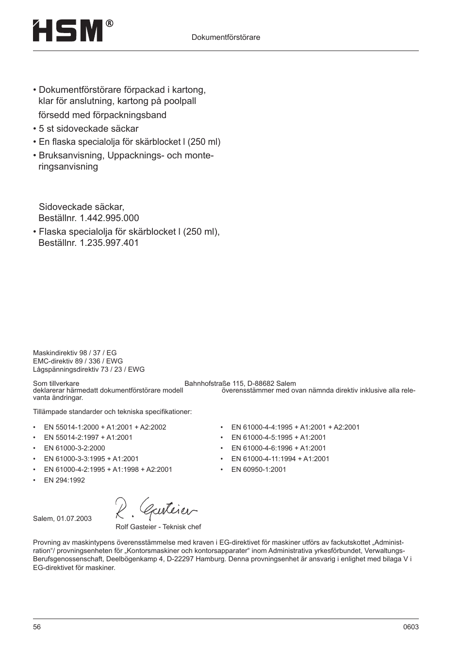 Tillverkardeklaration, Leveransomfång | HSM 411.2 User Manual | Page 56 / 63