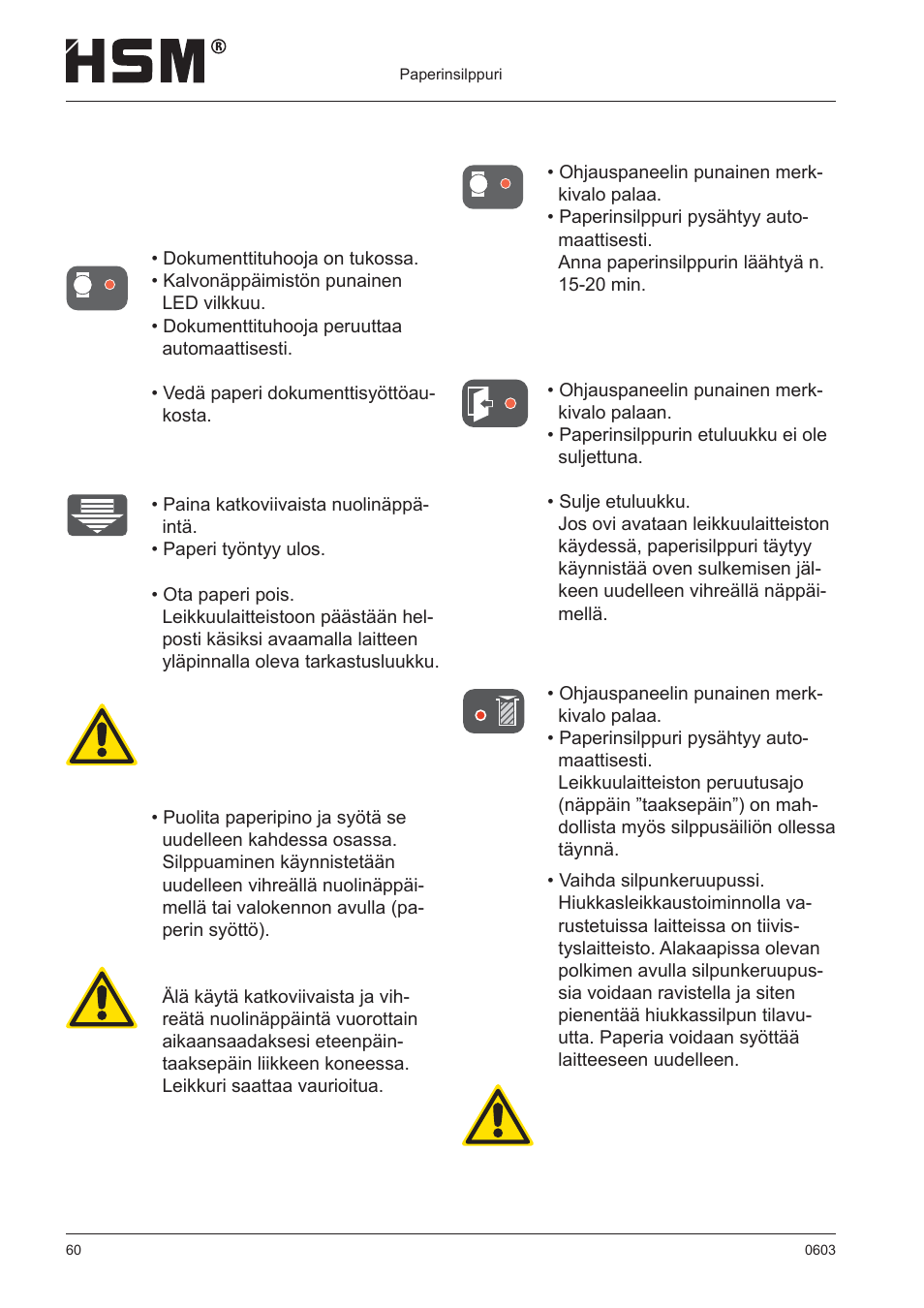 Häiriönpoisto | HSM 411.2 User Manual | Page 60 / 63