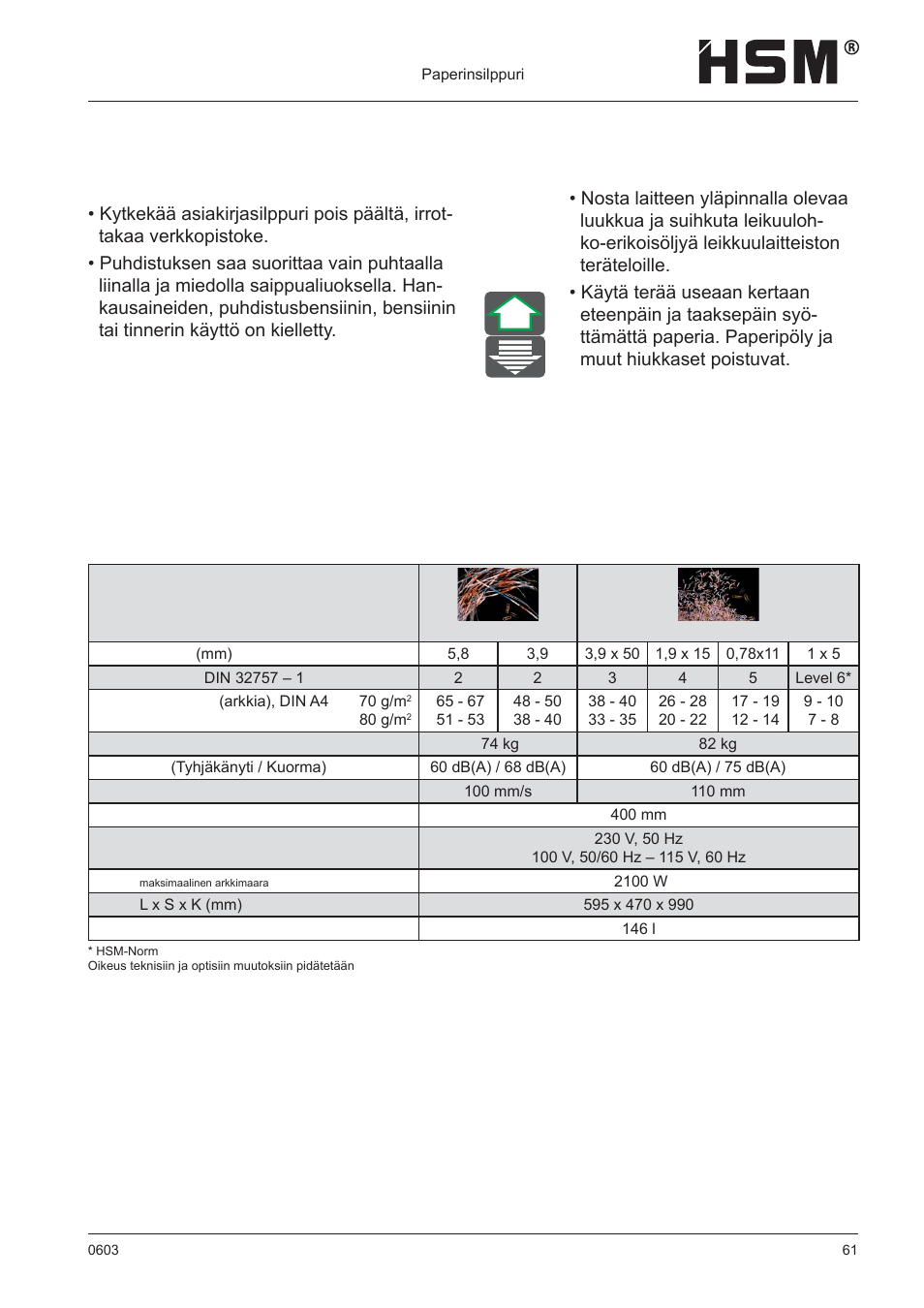 Huolto ja hoito, Tekniset tiedot, Puhdistus | HSM 411.2 User Manual | Page 61 / 63