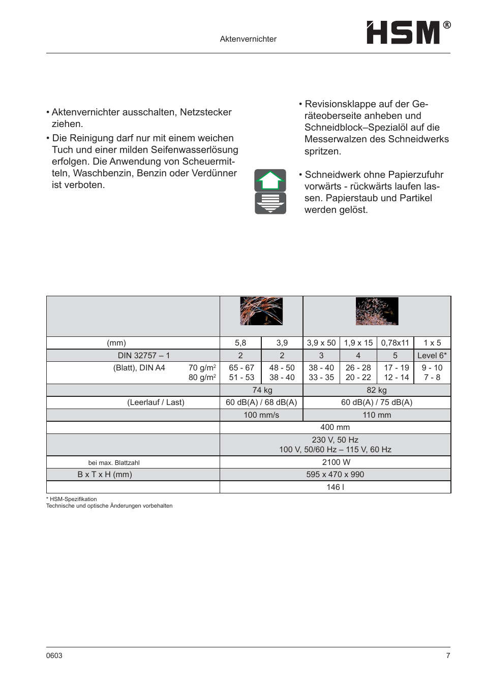 Wartung und pfl ege, Technische daten, Reinigung | HSM 411.2 User Manual | Page 7 / 63