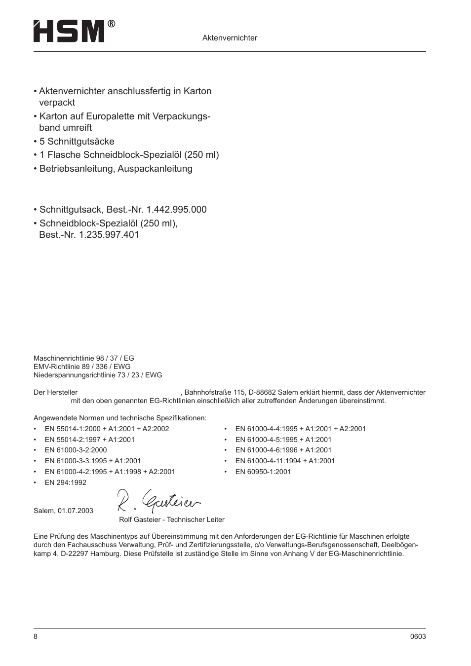 Eg-konformitätserklärung, Lieferumfang | HSM 411.2 User Manual | Page 8 / 63