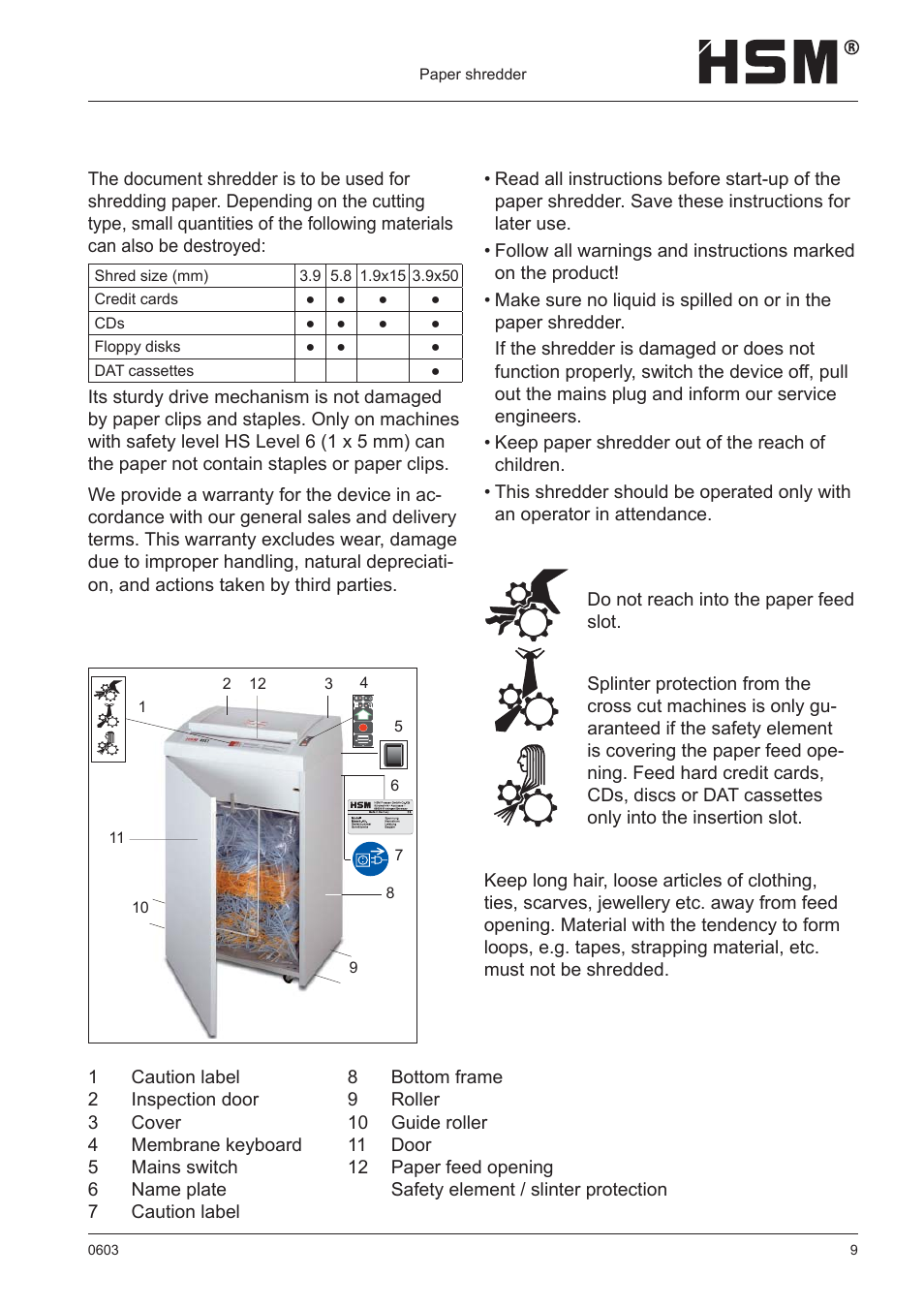 Safety instructions, Proper use, warranty, Machine components | HSM 411.2 User Manual | Page 9 / 63