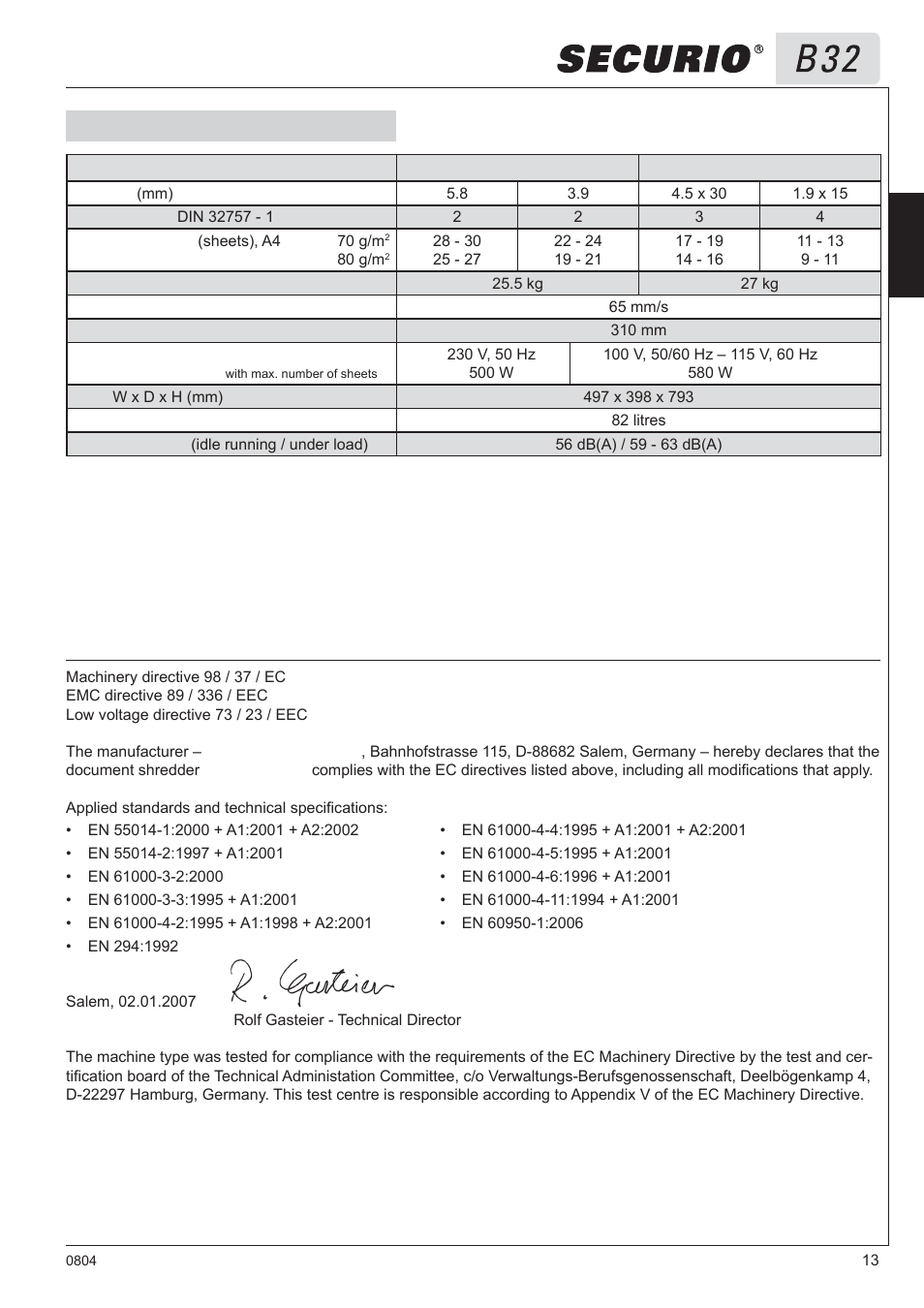 8 technical data, Ec declaration of conformity | HSM Securio B32 User Manual | Page 13 / 67