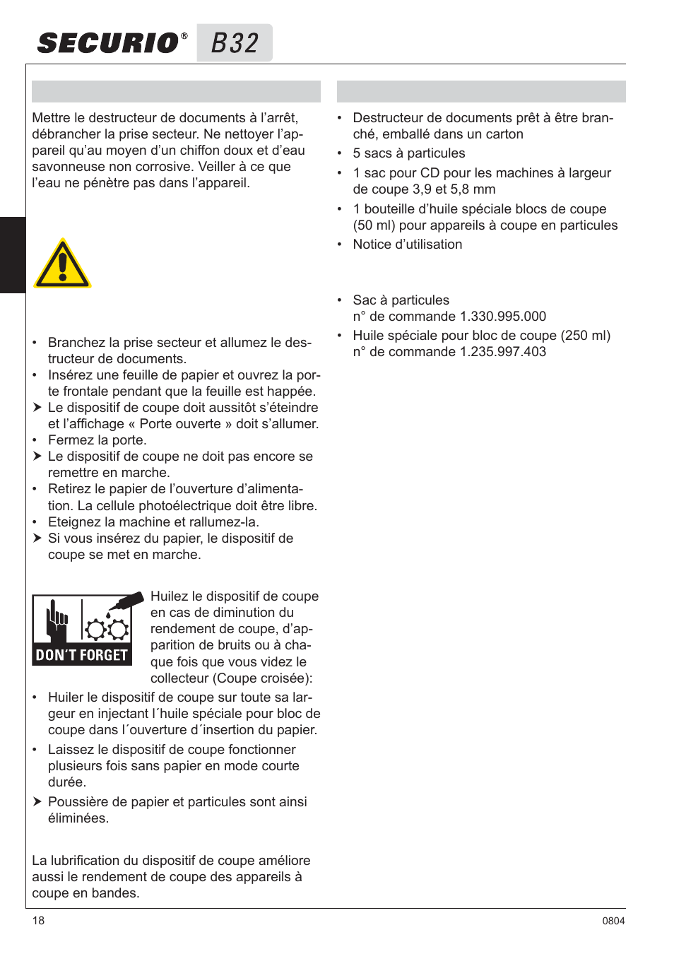 6 entretien et maintenance, 7 contenu de la livraison | HSM Securio B32 User Manual | Page 18 / 67