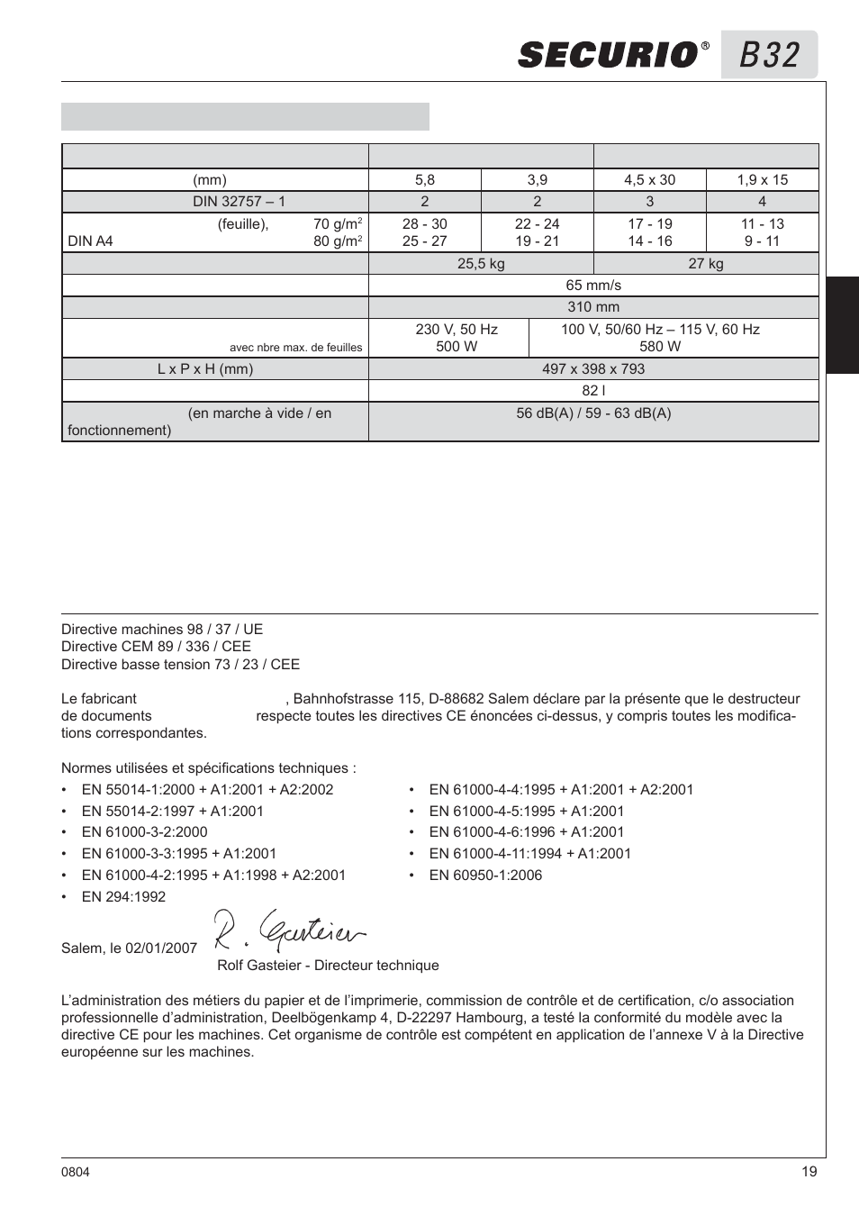 8 caractéristiques techniques, Déclaration de conformité ce | HSM Securio B32 User Manual | Page 19 / 67