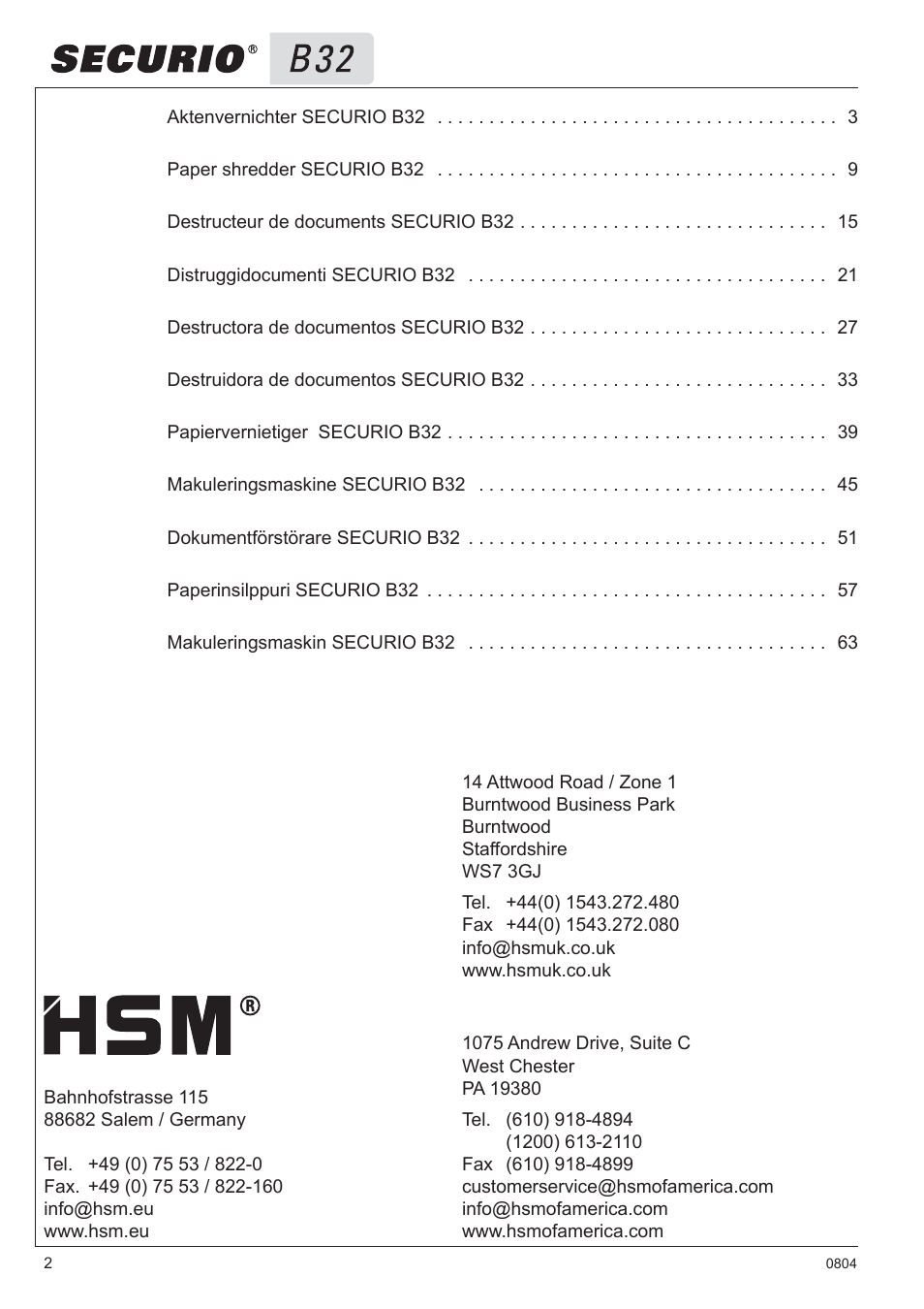 HSM Securio B32 User Manual | Page 2 / 67