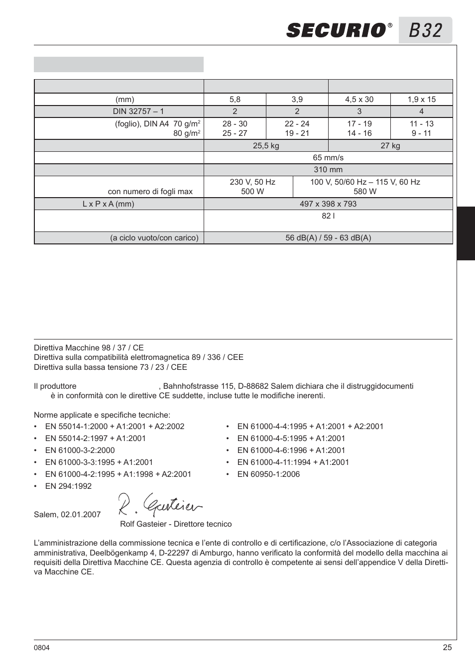 8 dati tecnici, Dichiarazione di conformità ce | HSM Securio B32 User Manual | Page 25 / 67