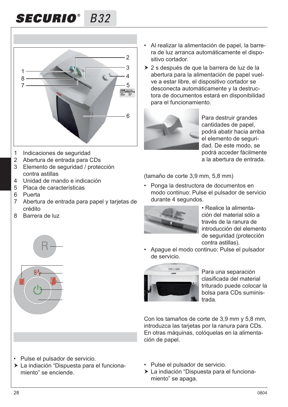 3 vista general elementos de mando e indicación, 4 manejo | HSM Securio B32 User Manual | Page 28 / 67