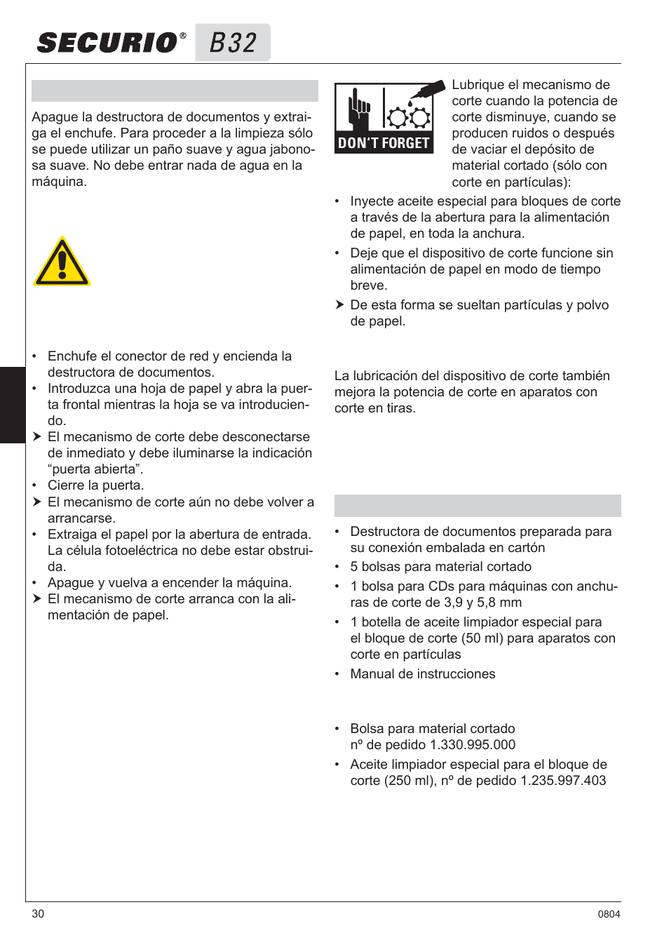 6 limpieza y mantenimiento, 7 volumen de suministro | HSM Securio B32 User Manual | Page 30 / 67