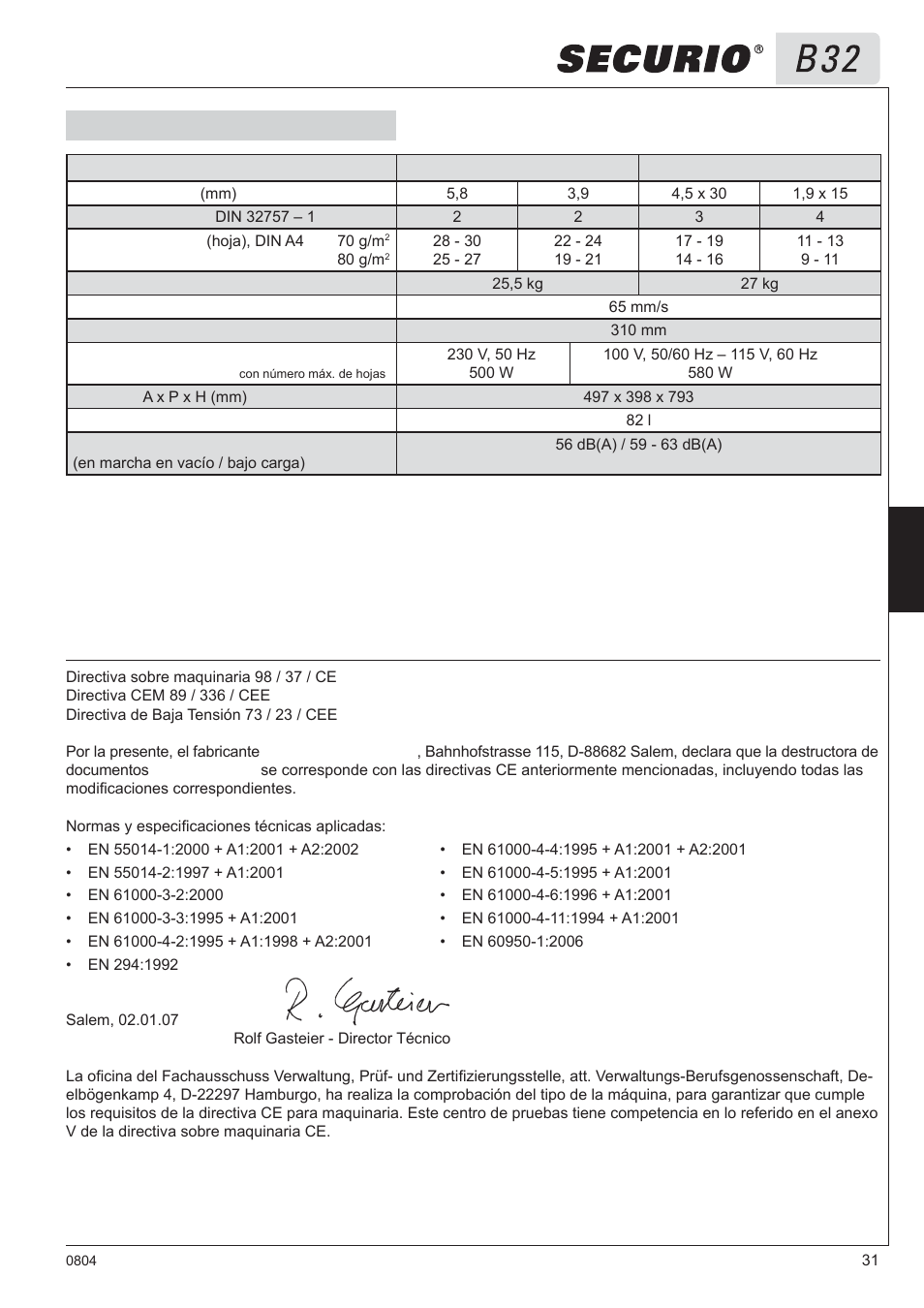 8 datos técnicos, Declaración de conformidad ce | HSM Securio B32 User Manual | Page 31 / 67