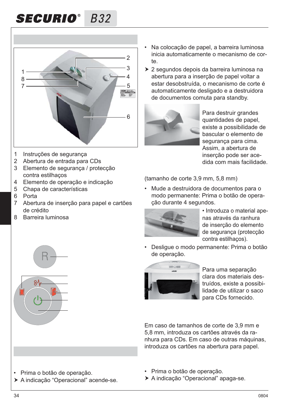 3 vista geral elementos de operação e indicação, 4 operação | HSM Securio B32 User Manual | Page 34 / 67