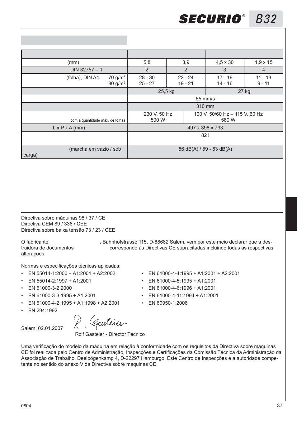 8 dados técnicos, Declaração de conformidade ce | HSM Securio B32 User Manual | Page 37 / 67