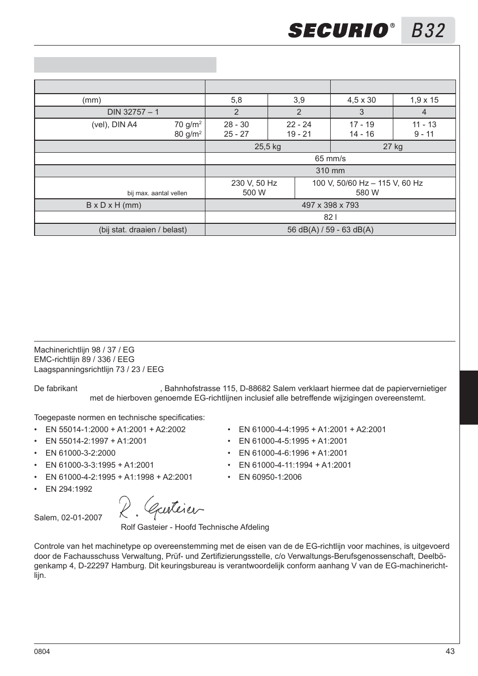 8 technische specifi caties, Eg-conformiteitsverklaring | HSM Securio B32 User Manual | Page 43 / 67