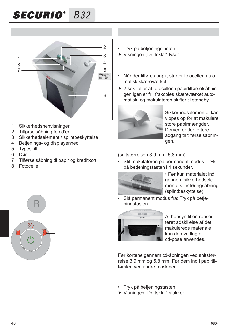 3 oversigt betjenings- og displayelementer, 4 betjening | HSM Securio B32 User Manual | Page 46 / 67