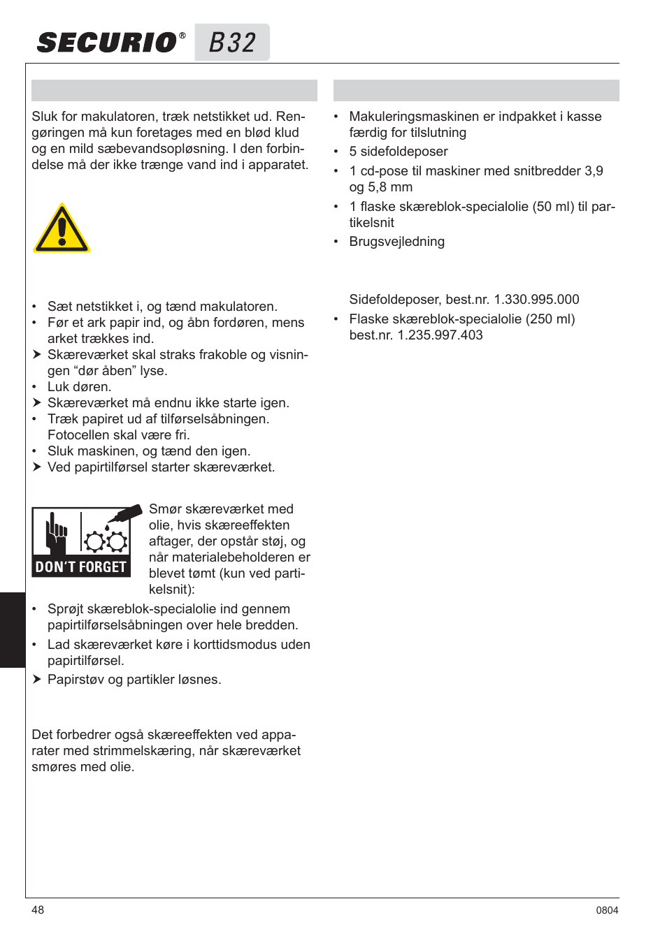 6 rengøring og vedligeholdelse, 7 leverance | HSM Securio B32 User Manual | Page 48 / 67