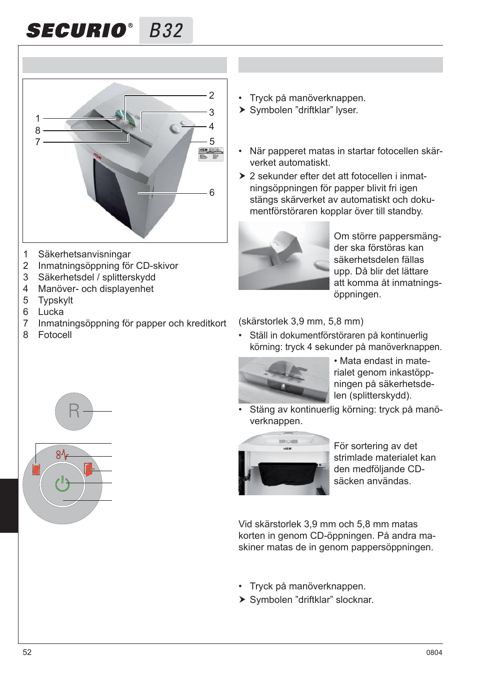3 översikt manöver- och displayelement, 4 handhavande | HSM Securio B32 User Manual | Page 52 / 67