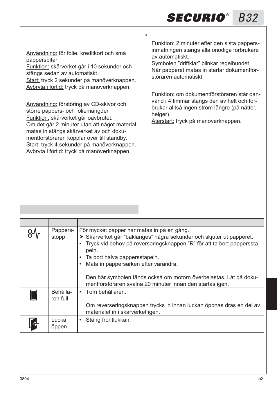 5 åtgärder vid störningar | HSM Securio B32 User Manual | Page 53 / 67