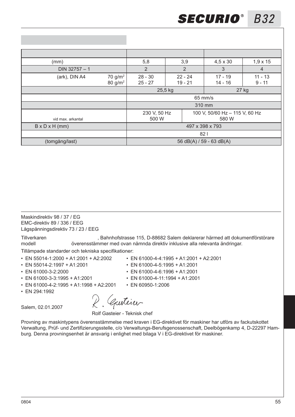 8 tekniska data, Eg-försäkran om överensstämmelse | HSM Securio B32 User Manual | Page 55 / 67