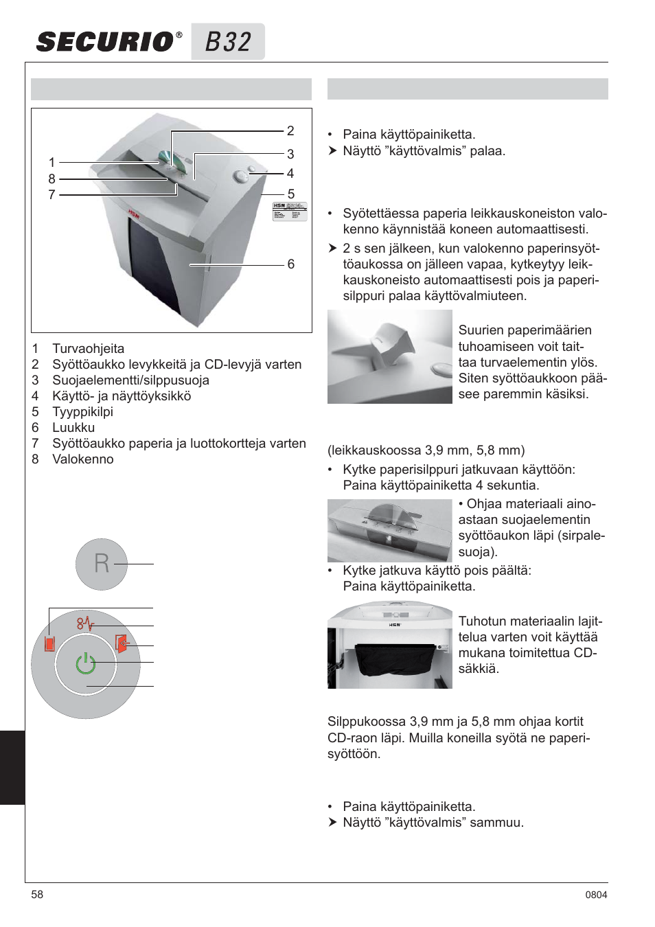 3 yleiskatsaus käyttö- ja näyttölaitteet, 4 käyttö | HSM Securio B32 User Manual | Page 58 / 67