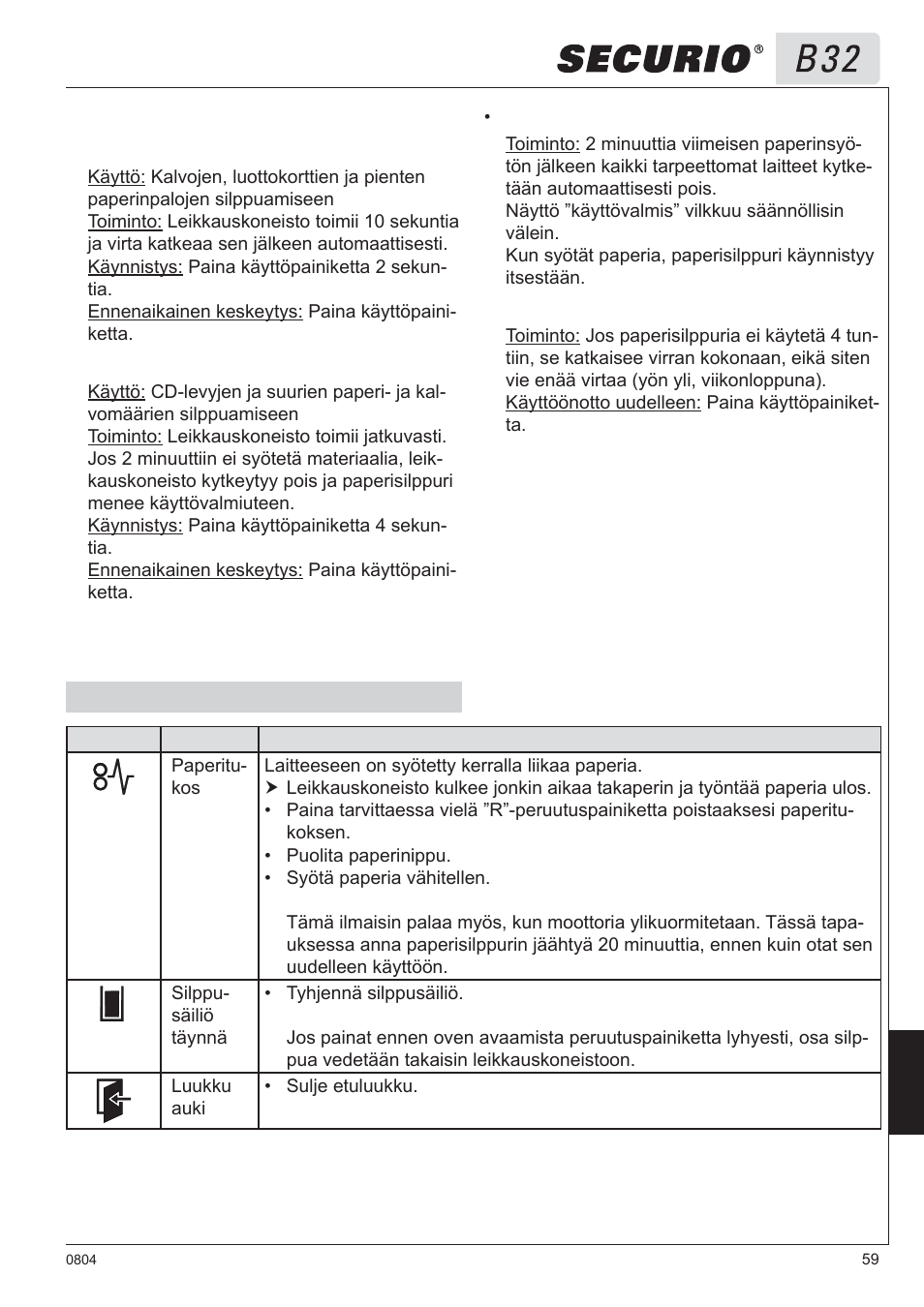 5 häiriöiden poisto | HSM Securio B32 User Manual | Page 59 / 67